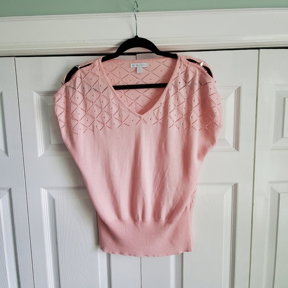 Light Pink Cap Sleeve Eyelet Pointelle Sweater - Picture 5 of 7